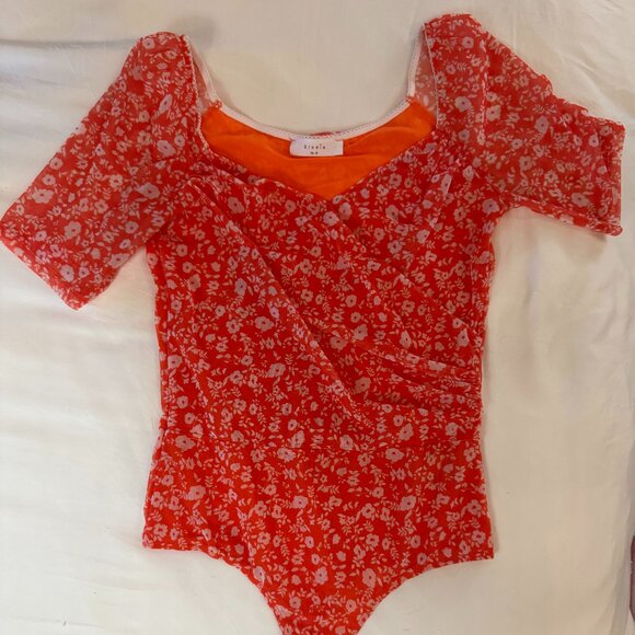Elodie Orange Floral Mesh Wrap Bodysuit (M) – Stretchy Form-Fitting - Picture 1 of 16